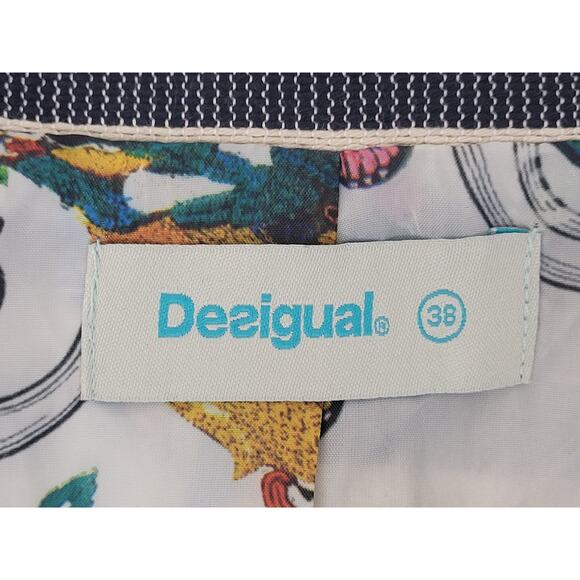 Desigual Mencia Blue & White Striped Double Breasted Blazer Floral Print Sz 38 - Picture 11 of 12